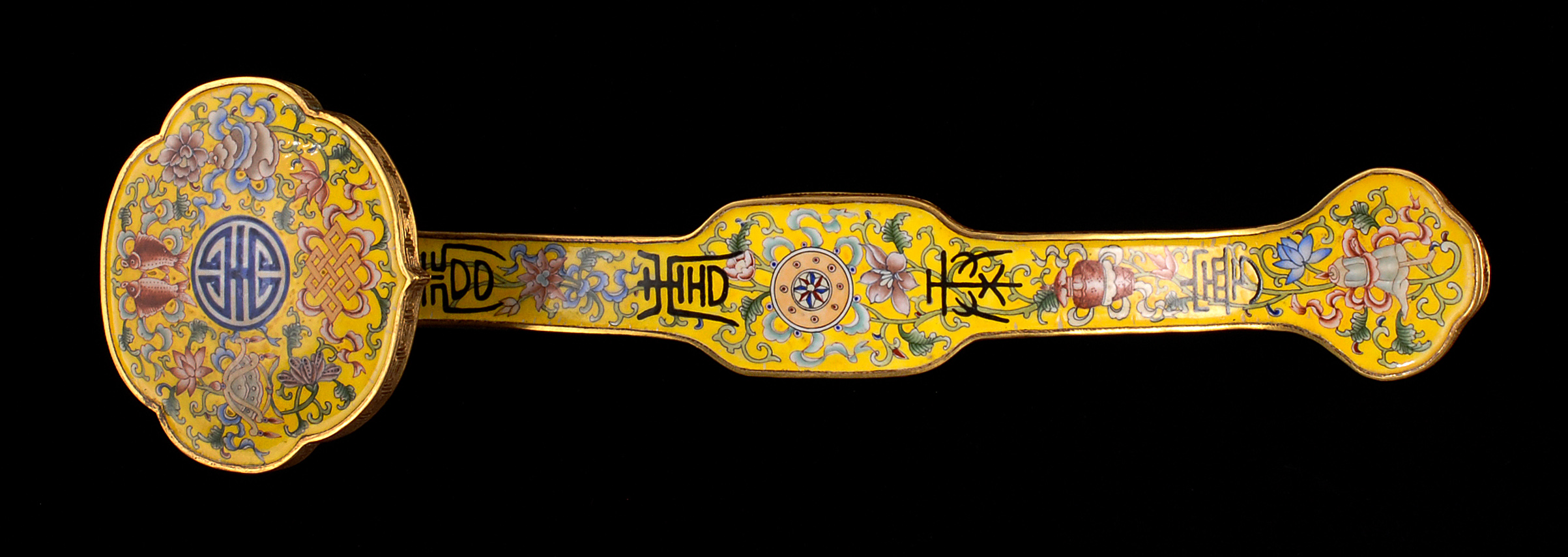 Appraisal: PAINTED ENAMEL AND GILT-BRONZE RUYI SCEPTER With shou and flower