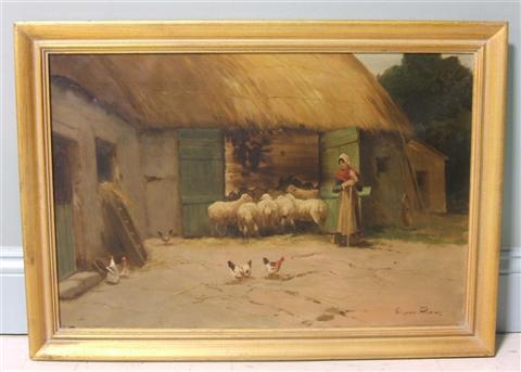 Appraisal: GIUSEPPE RIVA ITALIAN FARM YARD SCENE WITH SHEEP Oil on