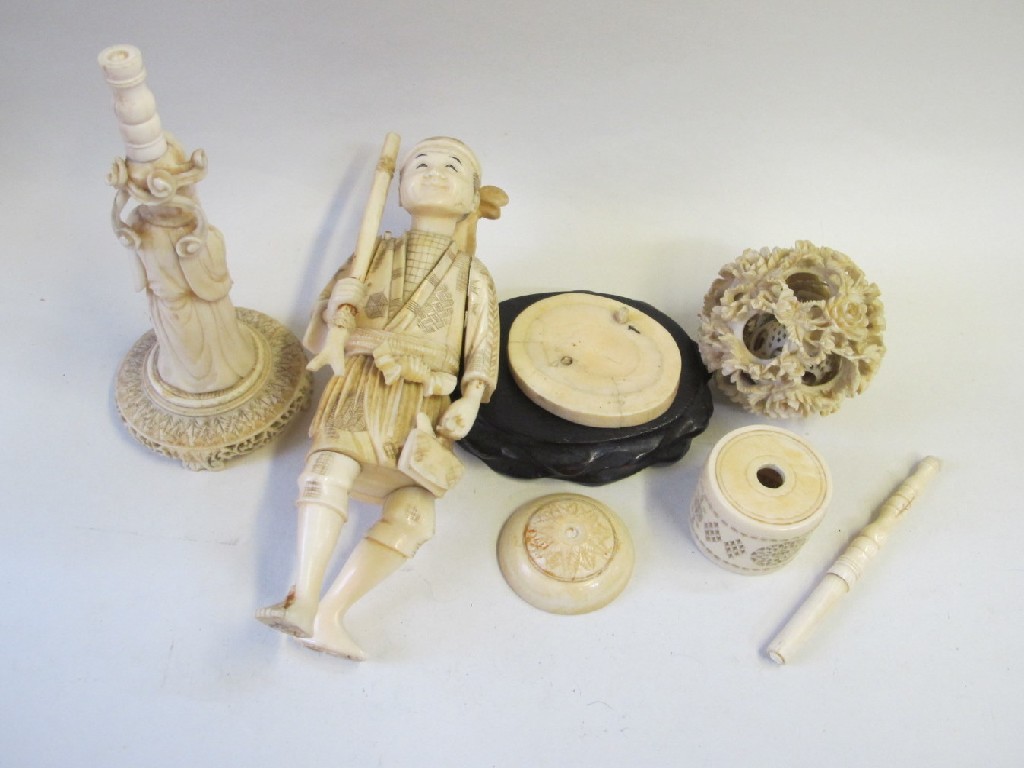 Appraisal: Lot comprising ivory puzzle ball Okimono of Afarmen box etc