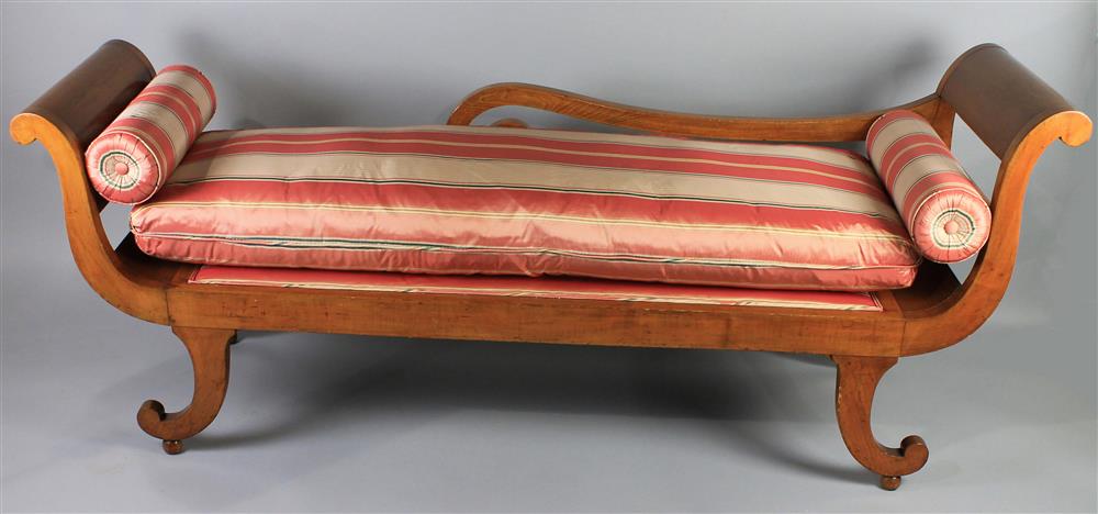 Appraisal: CLASSICAL STYLE FRUITWOOD PRELLE UPHOLSTERED CHAISE LOUNGE having an exposed