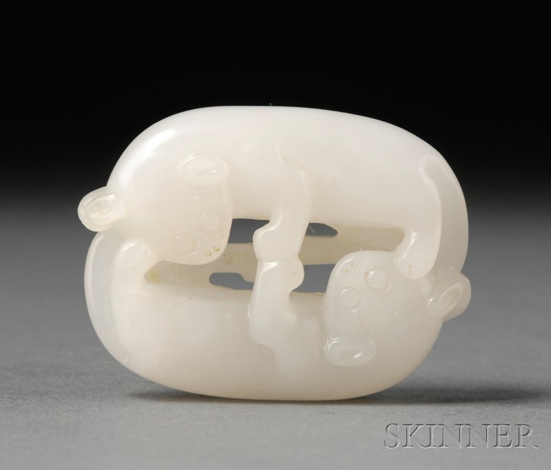 Appraisal: White Jade Pendant th century pair of intertwined felines lg