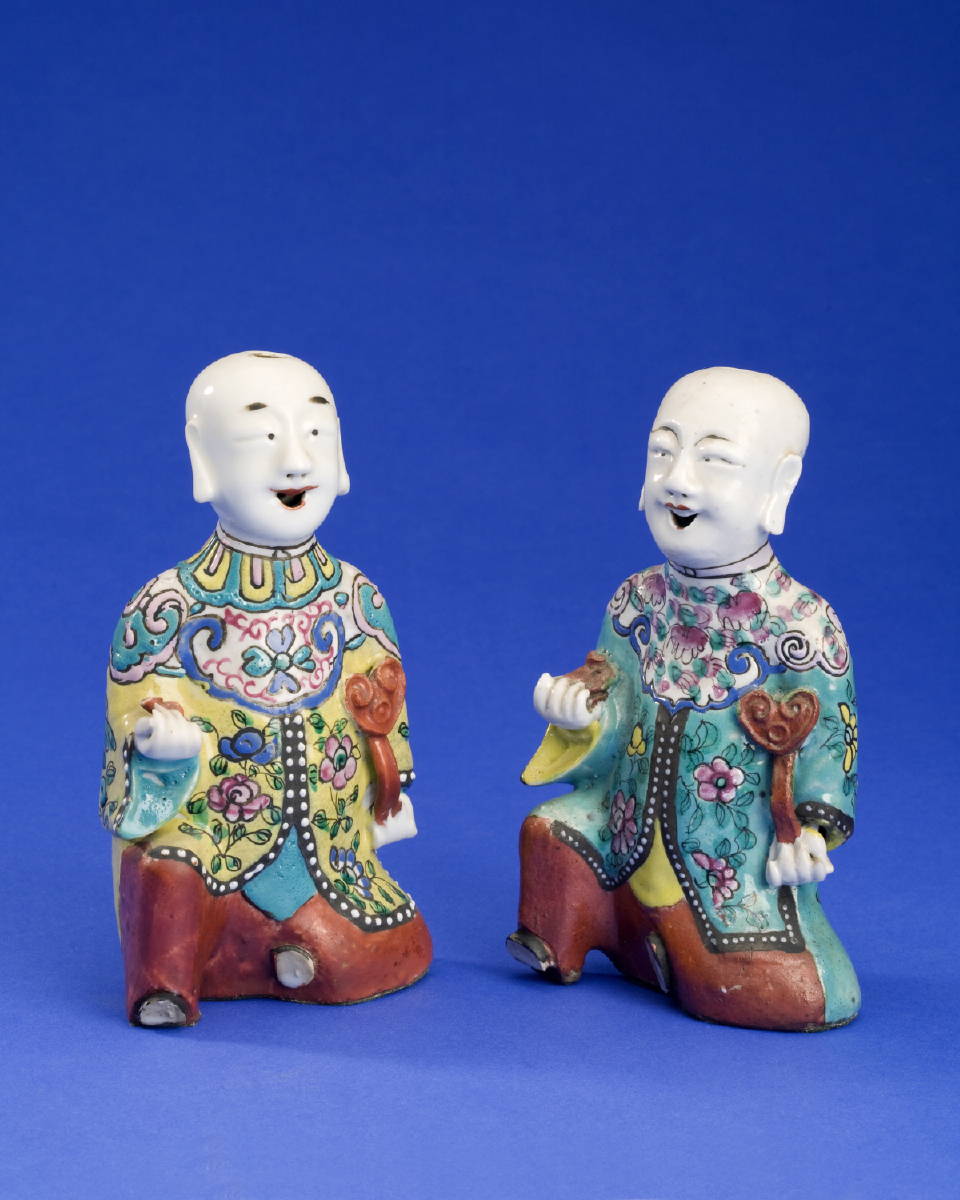 Appraisal: TWO SIMILAR CHINESE EXPORT PORCELAIN FAMILLE ROSE FIGURES OF JOVIAL