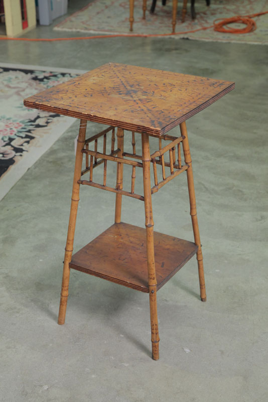 Appraisal: BAMBOO STAND Square pyrography decorated top having reeded edges on