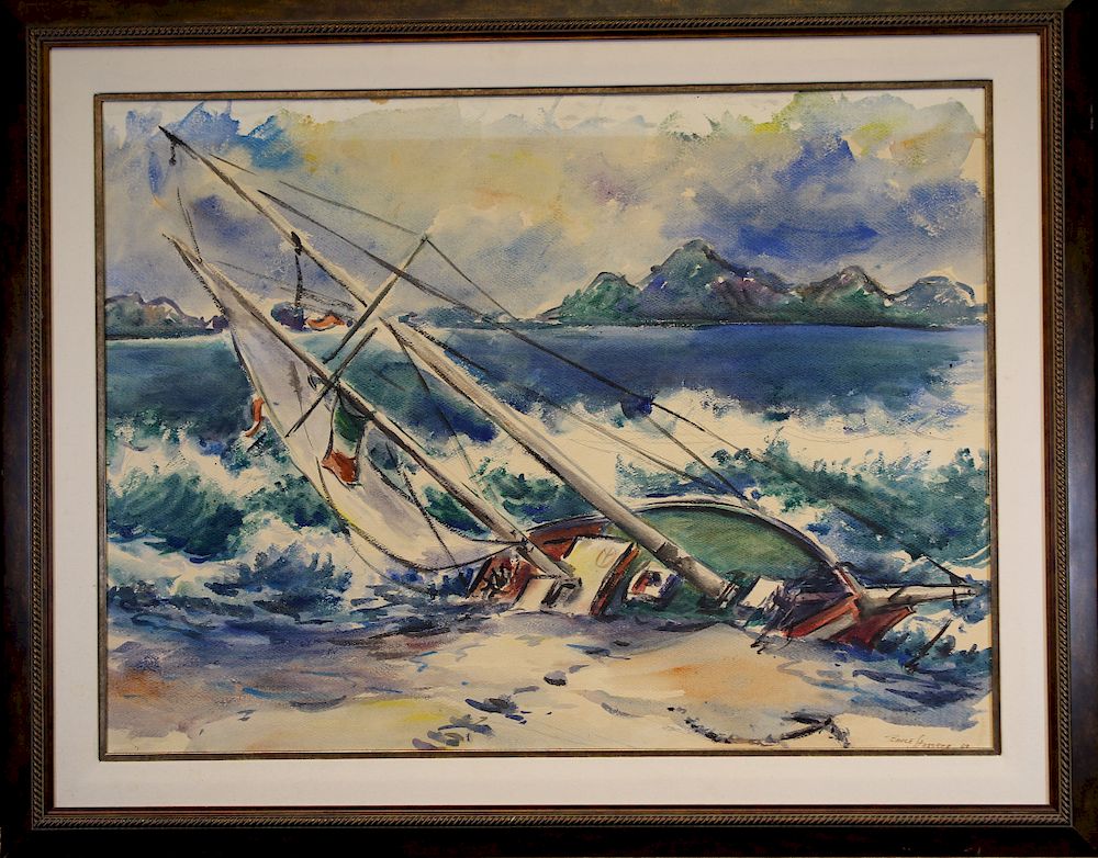 Appraisal: Signed Nautical Watercolor Signed Nautical Watercolor of a sailboat sinking