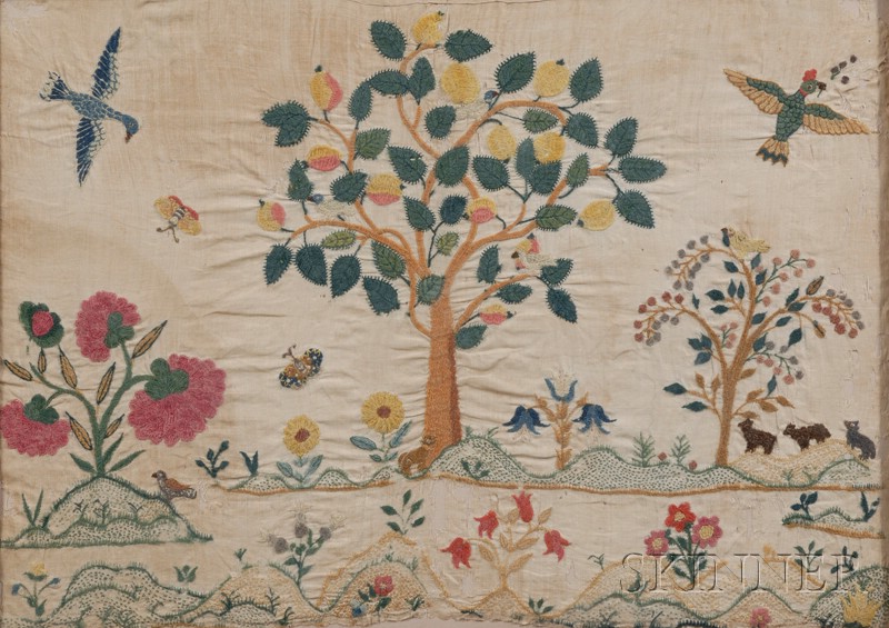 Appraisal: Crewelwork Picture Fragment probably America late th early th century