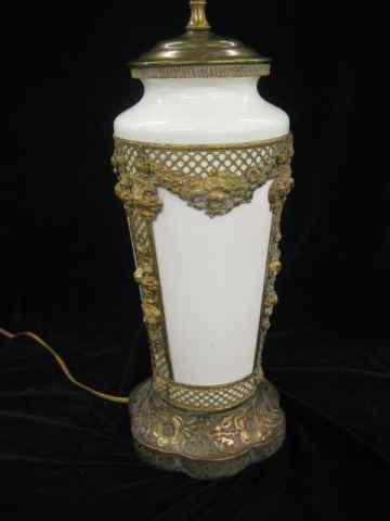 Appraisal: Ormolu Mounted Porcelain Table Lamp floral garland latticework '' body