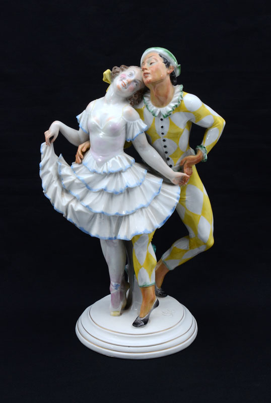 Appraisal: VOLKSTEDT PORCELAIN FIGURAL HARLEQUIN DANCERS Figural group of dancer harlequin