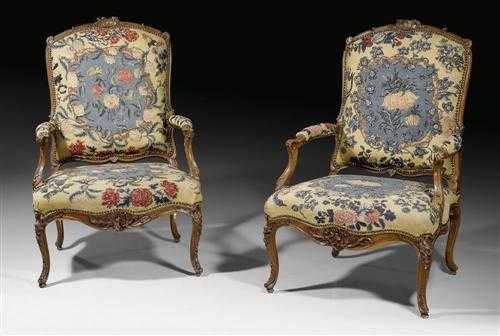 Appraisal: PAIR OF TAPESTRY-COVERED FAUTEUILS A LA REINE R gence Paris