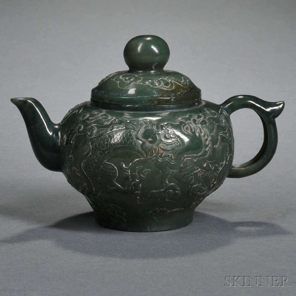 Appraisal: Small Hardstone Covered Teapot China possibly made of serpentine with