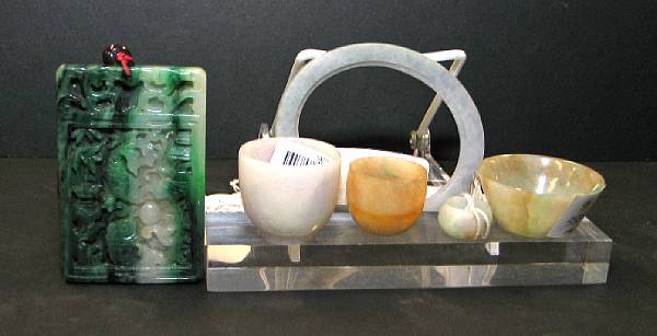 Appraisal: Six jadeite decorations Including one mottled apple green and white