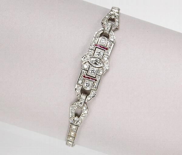 Appraisal: An art deco diamond synthetic ruby and platinum bracelet estimated