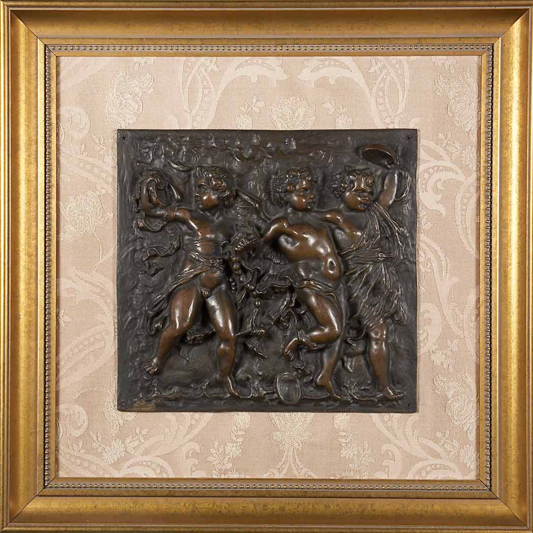 Appraisal: Framed Bronze Plaque of Cupid and Two Putti Late th