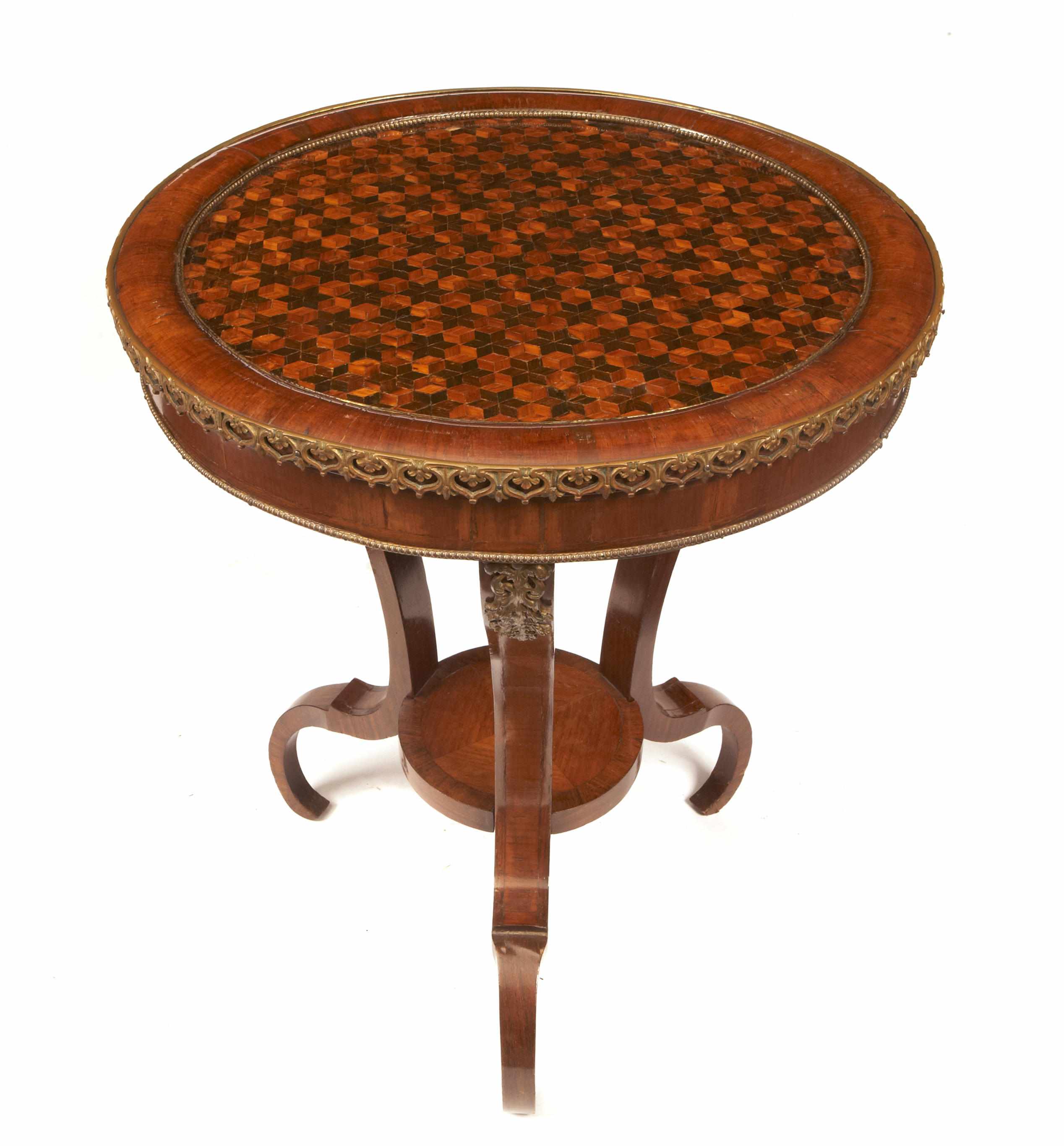 Appraisal: An Empire style gilt metal mounted parquetry mahogany center table