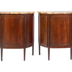 Appraisal: A Pair of Louis XVI Style Mahogany Marble-Top Cabinets Early