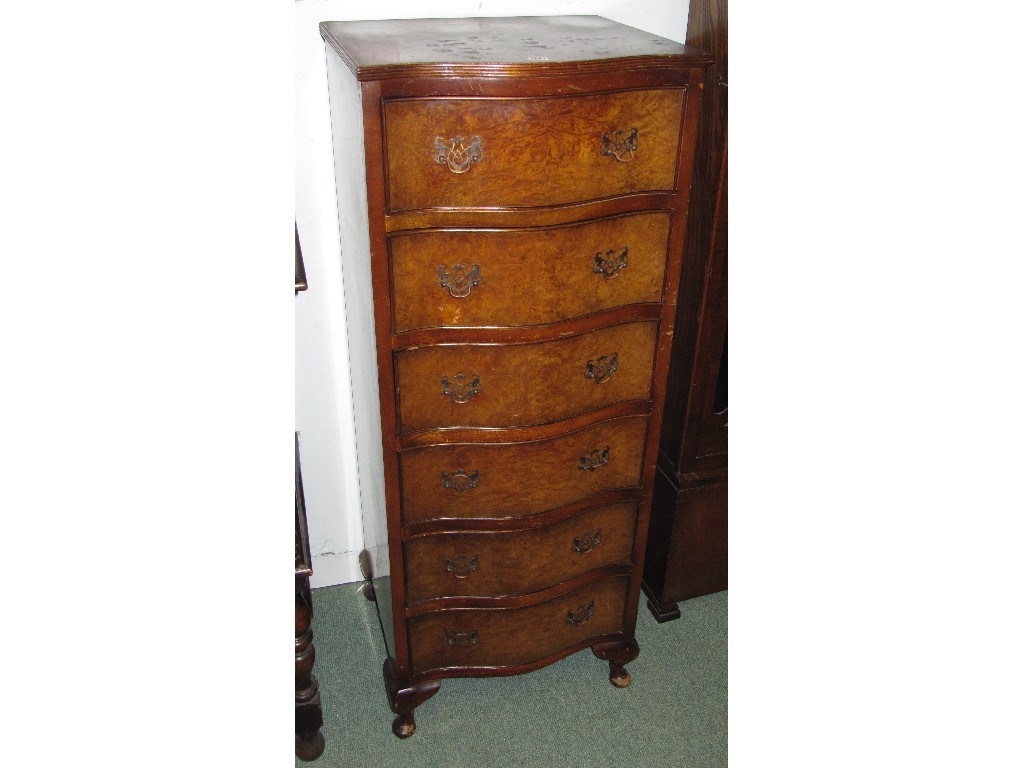 Appraisal: Walnut serpentine fronted tallboy chest