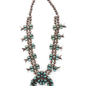 Appraisal: Navajo Silver and Turquoise Cluster Squash Blossom Necklace third quarter