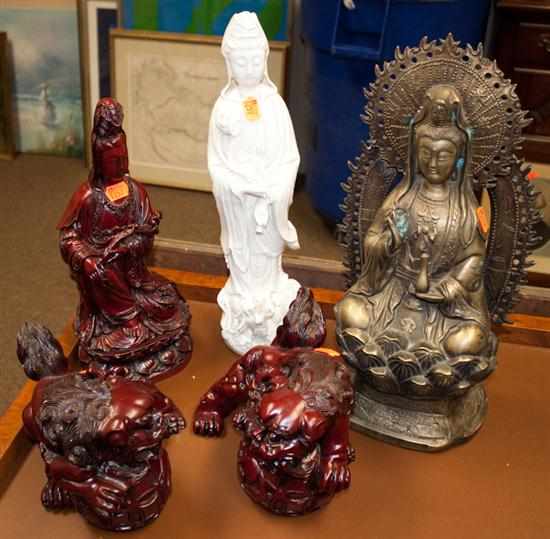 Appraisal: Three resin figures blanc de chine porcelain Quan-Yin and a