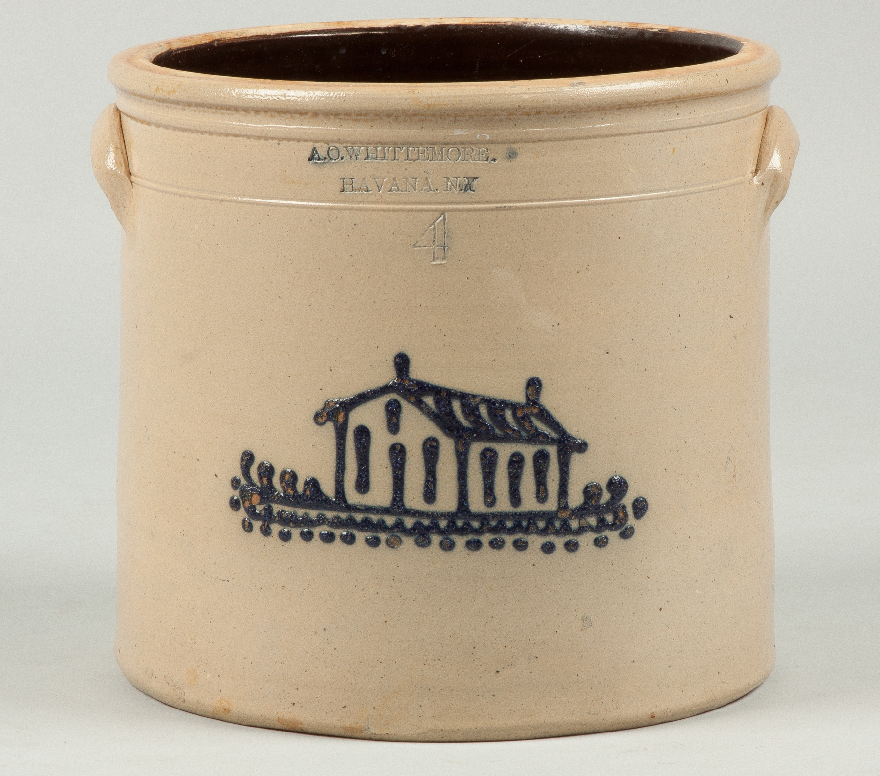 Appraisal: A O Whittemore Havana Four Gallon Stoneware Crock with House