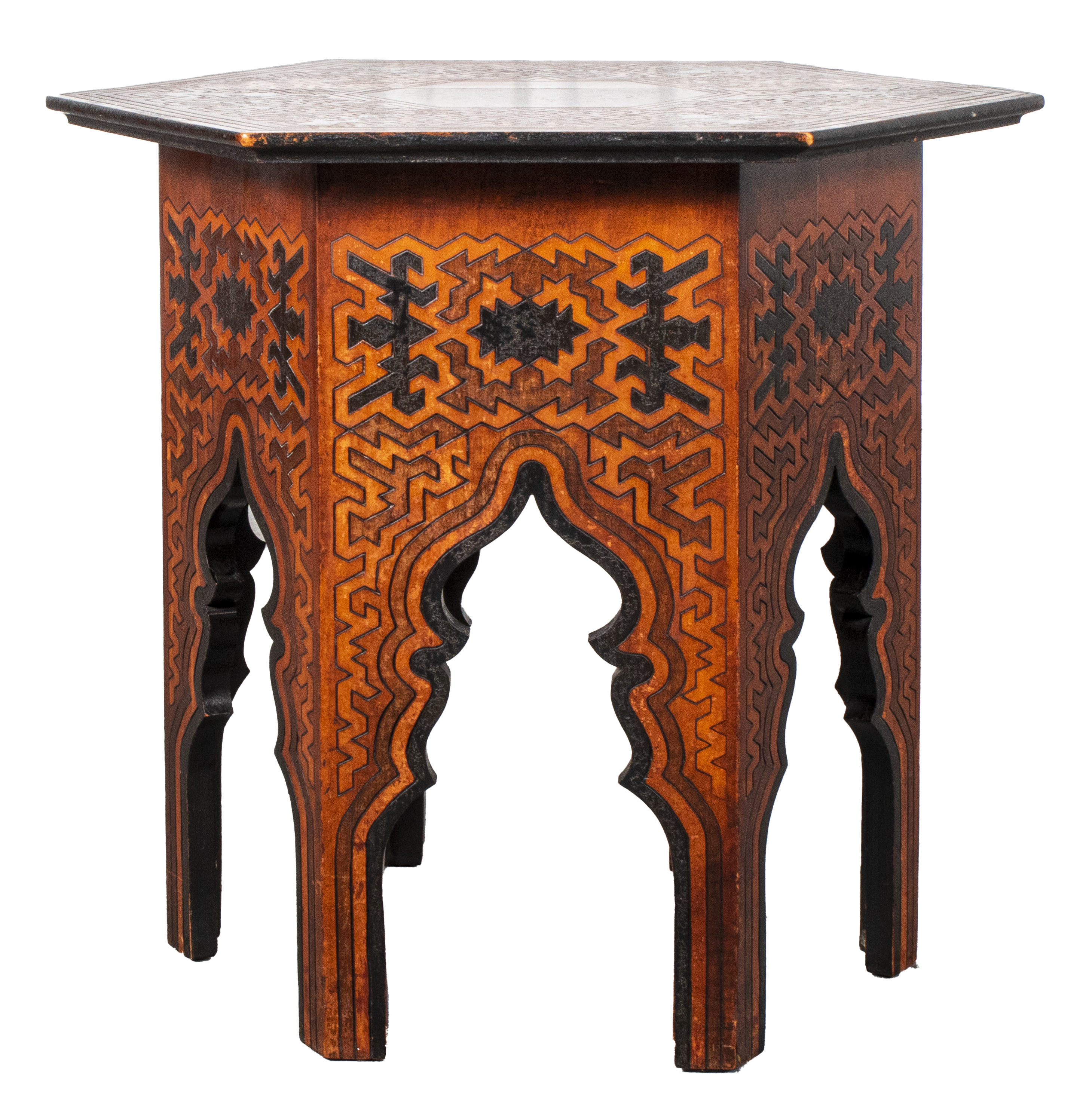 Appraisal: ORIENTALIST PYROGRAPHIC SIDE TABLE Orientalist pyrographic side table with Persian