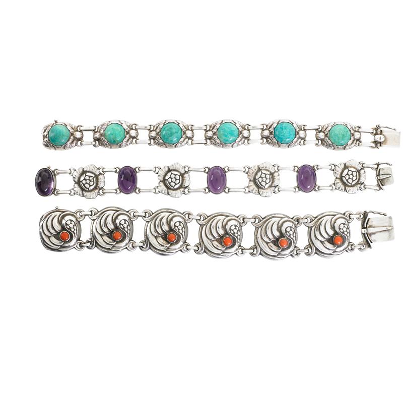 Appraisal: THREE GEM-SET SILVER BRACELETS BY GEORG JENSEN silver and amethyst