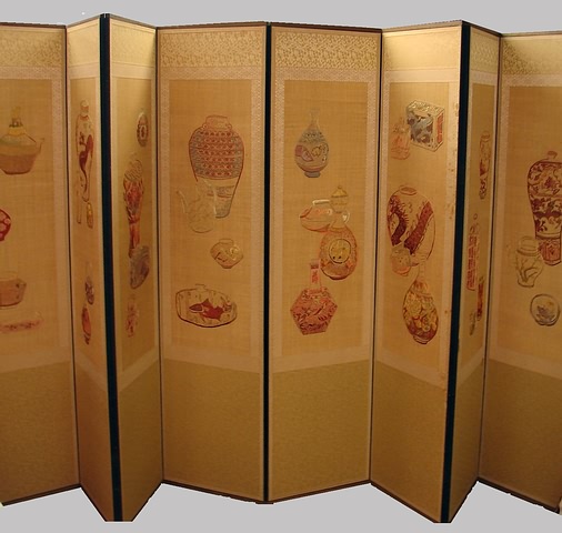 Appraisal: Eight-fold floor screen each panel embroidered with several colored vases