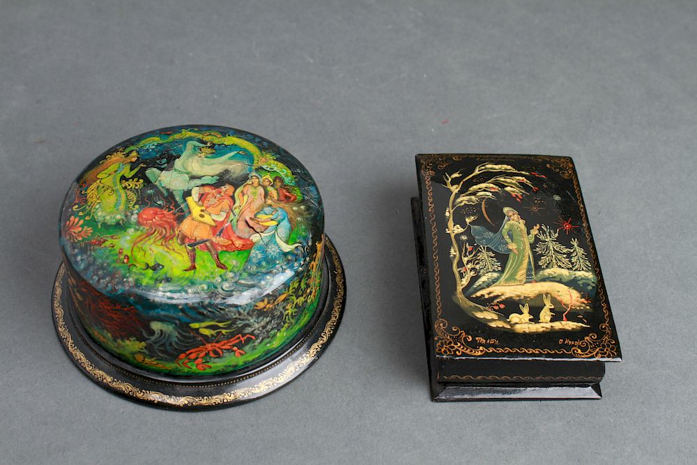 Appraisal: Russian Hand-Painted Lacquer Boxes Group of Group of two vintage