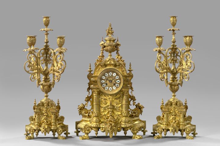 Appraisal: Imposing French Three-Piece Gilt-Brass Mantel Garniture fourth quarter th century