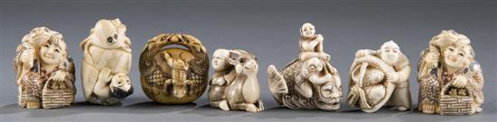 Appraisal: Group of figural ivory bone polychrome netsukes th century Two