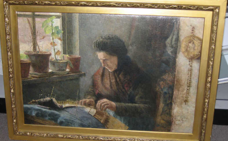 Appraisal: MODEST HUYS BELGIAN - THE LACEMAKER oil on canvas lined