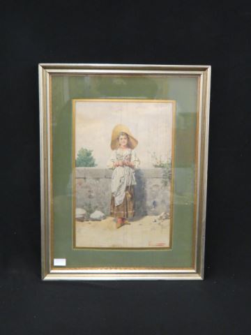 Appraisal: Italian Watercolor of a Young Woman at a stone wall