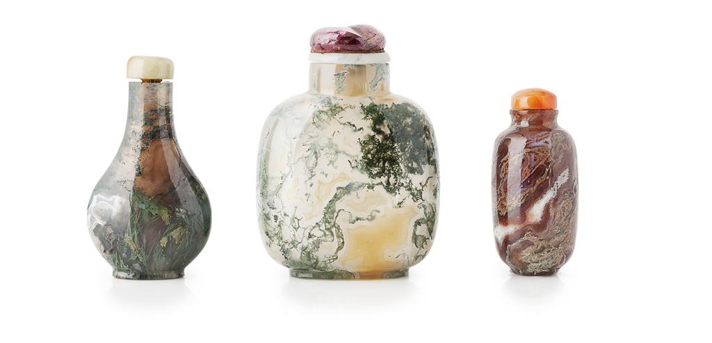 Appraisal: THREE MOSS AGATE SNUFF BOTTLES one large rectangular bottle one