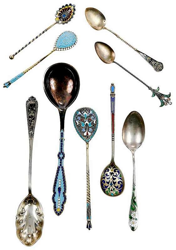 Appraisal: Plique- -Jour and Enamel Silver Spoons Russian American or Continental