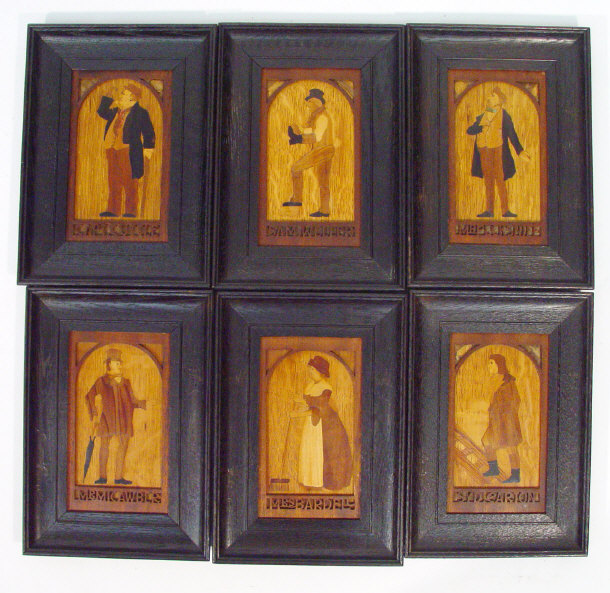 Appraisal: Set of six marquetry portrait pictures depicting Dickens characters in