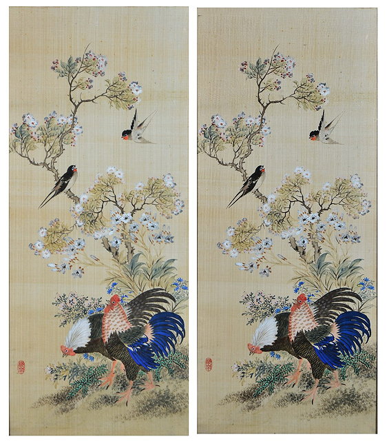 Appraisal: Pair of Chinese silk pictureslate th Century showing peacocks and