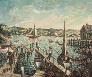 Appraisal: Saul Kovner ''Waterfront Balboa'' dock workers in a harbor with