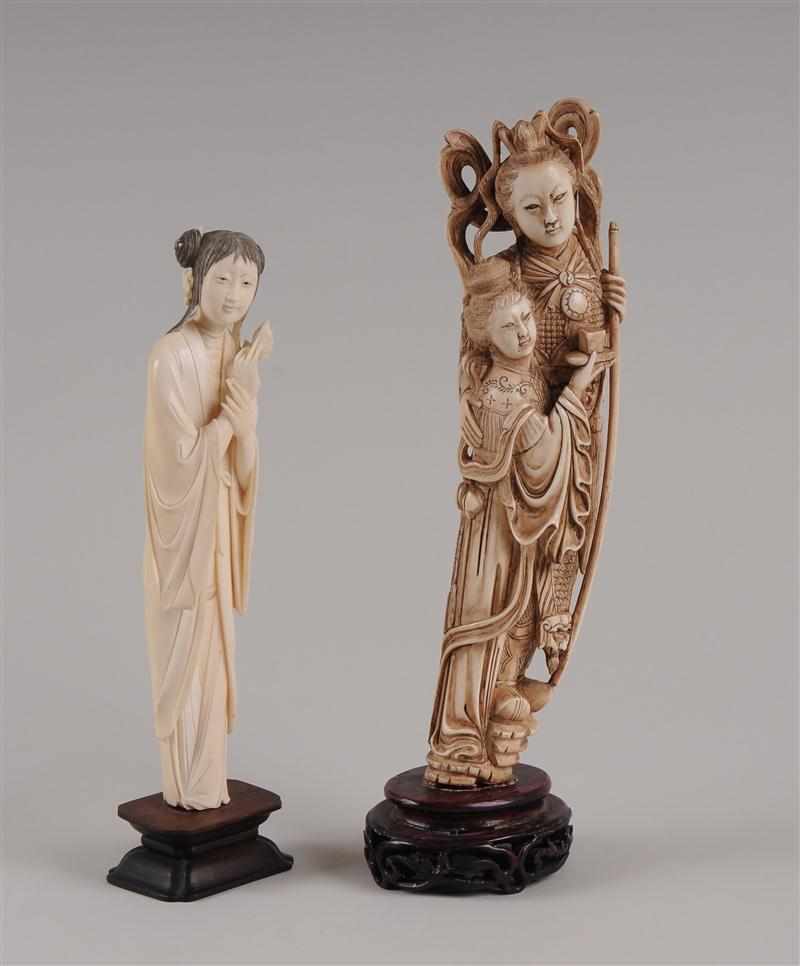 Appraisal: CHINESE CARVED AND STAINED IVORY FIGURE GROUP AND A SINGLE