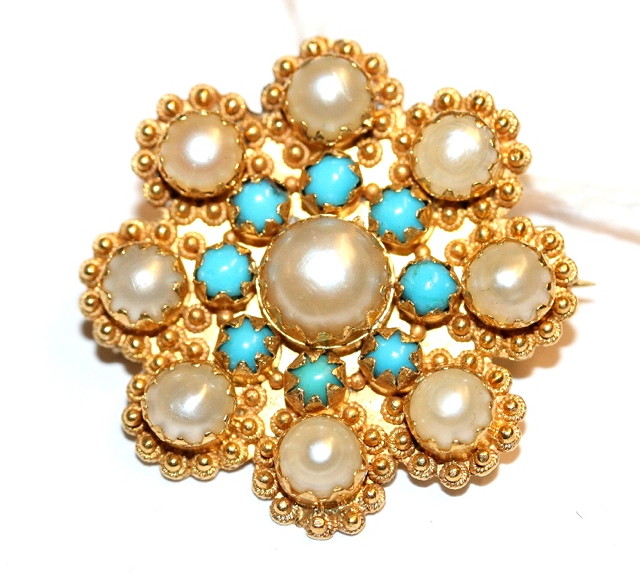 Appraisal: A VICTORIAN PEARL AND TURQUOISE BROOCH circular panel mounted with