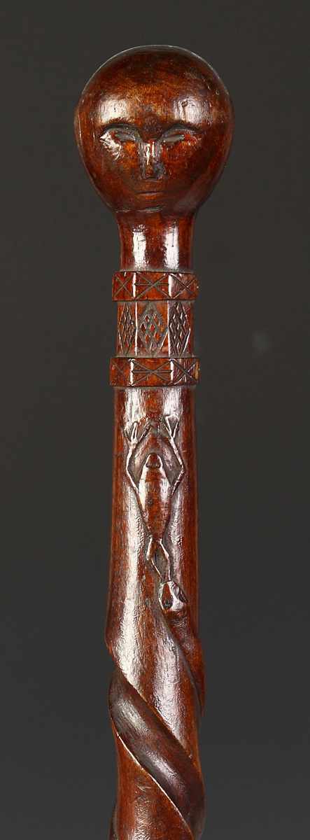 Appraisal: Carved Folk Art Cane W frog snake hand Possibly American