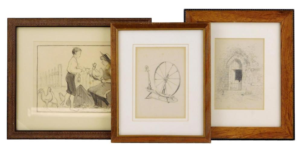 Appraisal: Burr Sisters three framed drawings including Doctoring Chickens c attributed