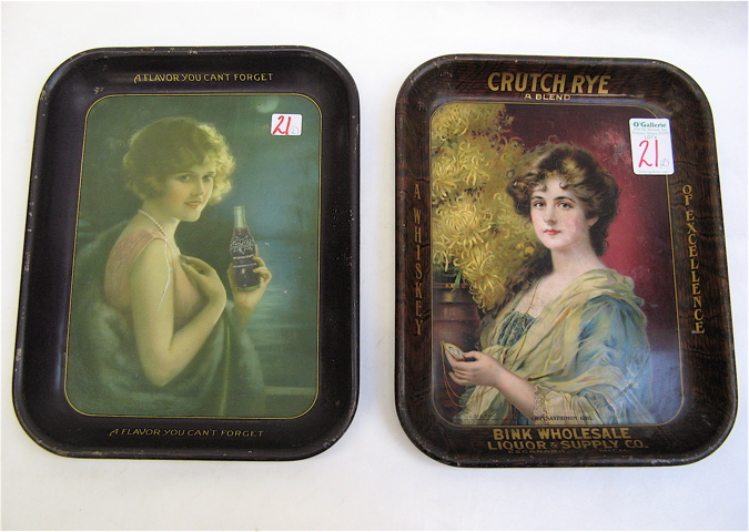 Appraisal: TWO AMERICAN ADVERTISING TIN TRAYS Crutch Rye Chrysanthemum Girl c