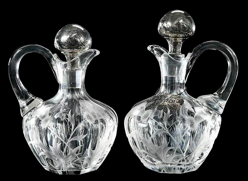 Appraisal: Pair Cut Glass Scottish Whiskey Decanters attributed to Hawkes engraved