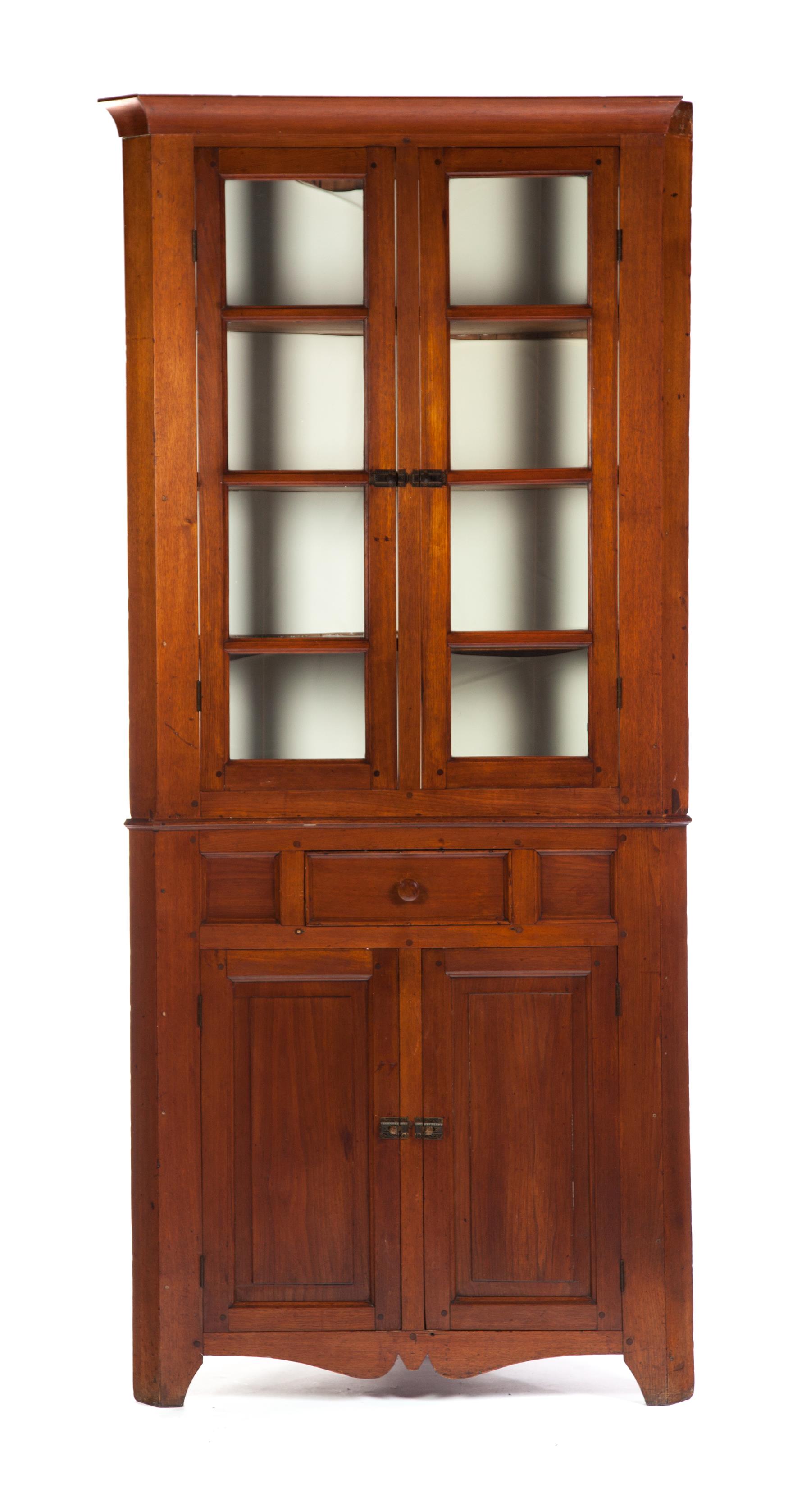 Appraisal: AMERICAN CORNER CUPBOARD Ca s- s walnut Two-piece cupboard with