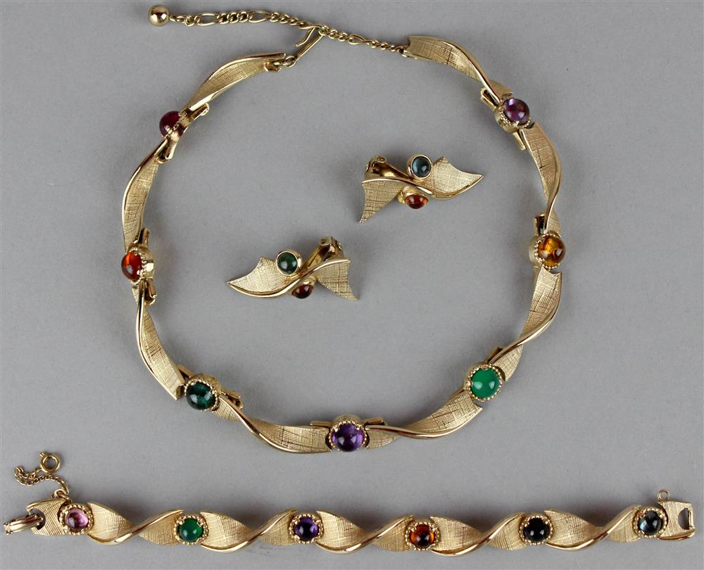 Appraisal: BOUCHER PARURE GEM COLORED CABOCHONS IN VERMEIL SETTING CHOKER BRACELET