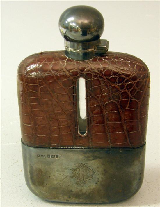 Appraisal: George V Silver mounted glass and crocodile skin hip flask