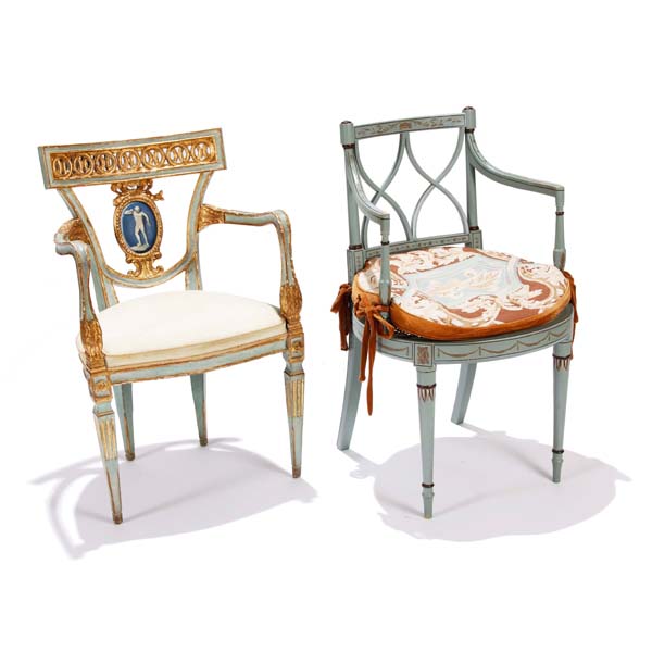 Appraisal: Two French Neoclassical Directoire style arm chairs Painted blue with