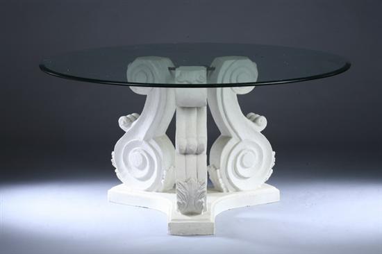 Appraisal: CONTEMPORARY ARCHITECTURAL GLASS-TOP PEDESTAL TABLE late th century with bevelled