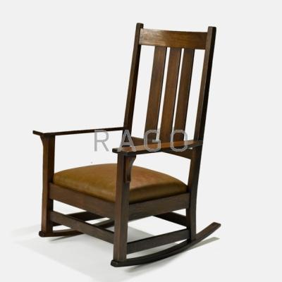 Appraisal: GUSTAV STICKLEY Tall-back rocker Oak and leather Unmarked x x