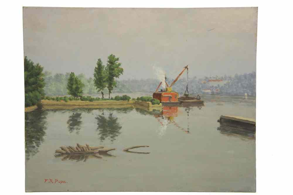 Appraisal: OOB-'The Busy Dredge' Mohawk River by F R Pope signed