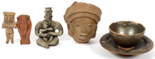 Appraisal: SOUTH AMERICAN PRE-COLUMBIAN STYLE POTTERY FIGURES BOWLS SIX PIECES Including