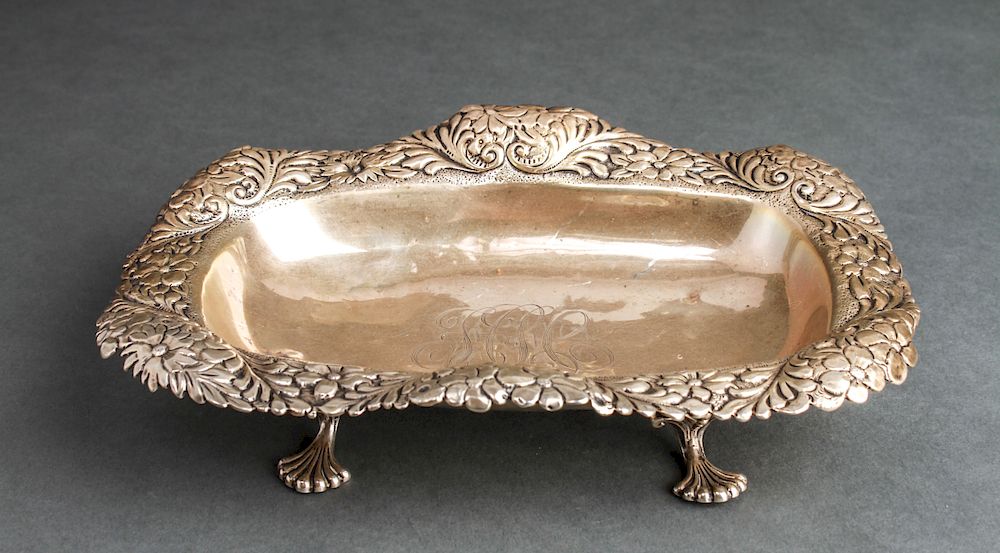 Appraisal: American Silver Repousse Oblong Footed Dish American sterling silver repousse